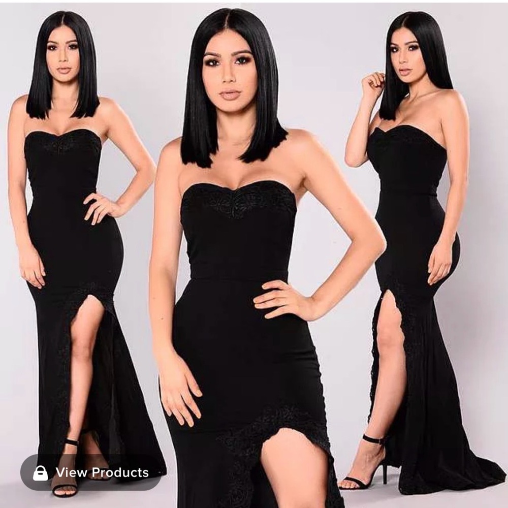 Fashion Nova Black Strapless Slit Lace Trim Mermaid Evening Gown